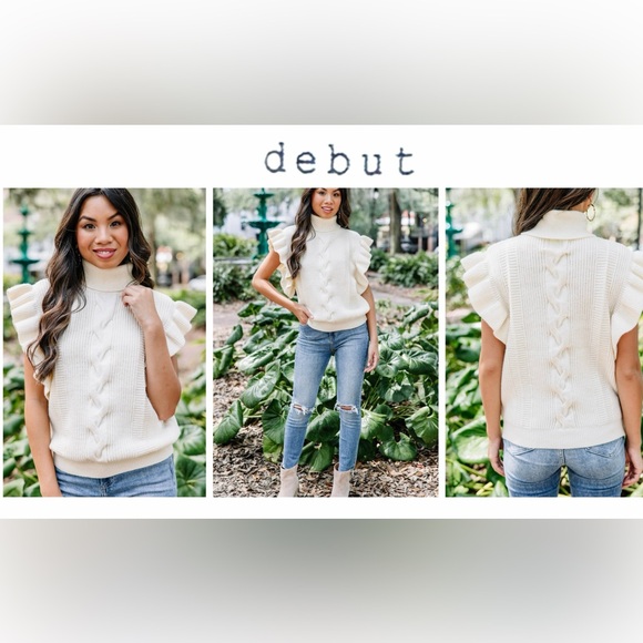 Debut Feminine Fun Natural White Ruffled Cable Knit Sleeveless Sweater Size S/M - Picture 2 of 14